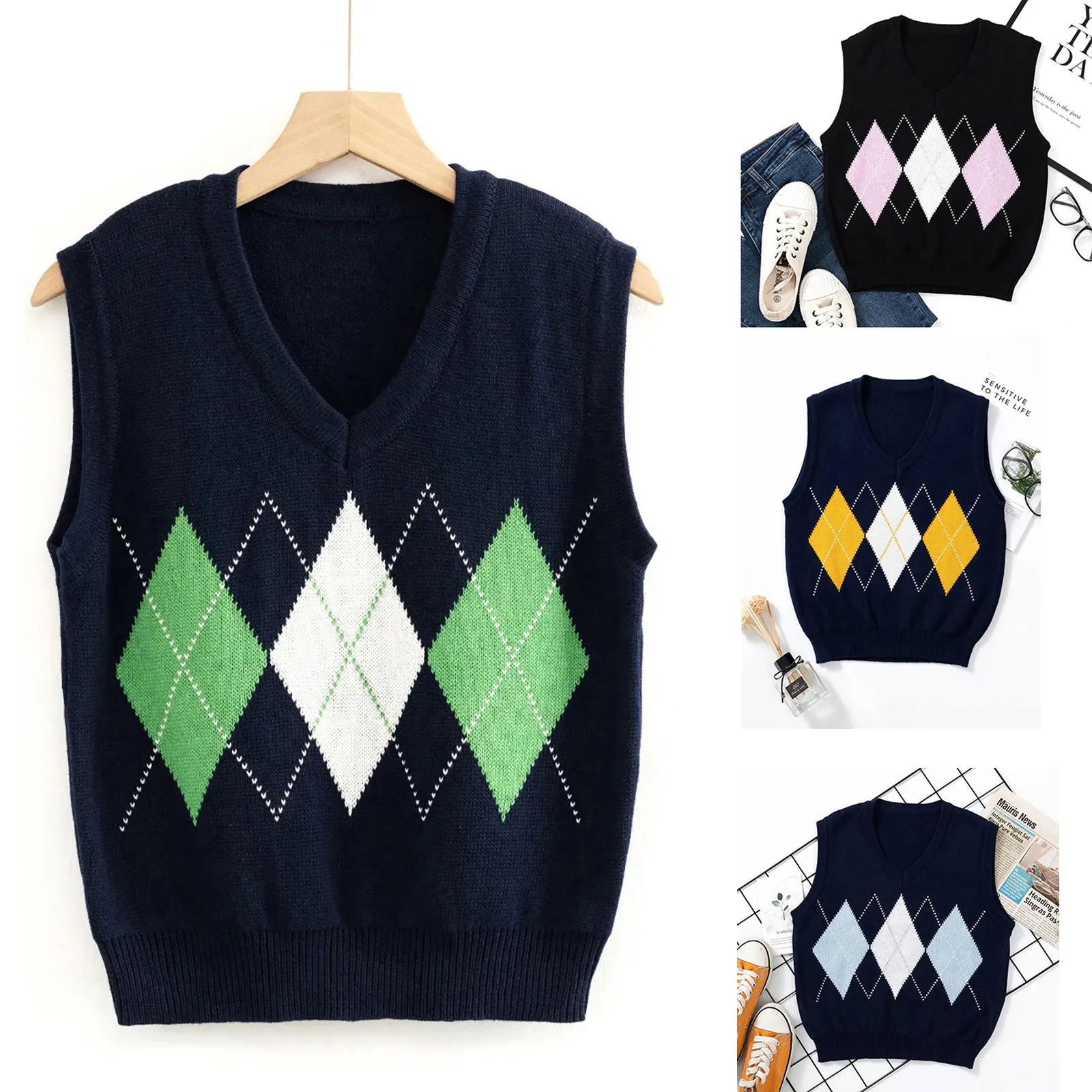 

Korean Geometric print Women's Sweater New Style College Style Sleeveless Sweater Vest женские оп chaleco de punto mujer F4